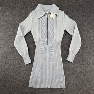 Free People Sweater Dress Womens Large Blue Cable Knit Zip Long Sleeve Mini